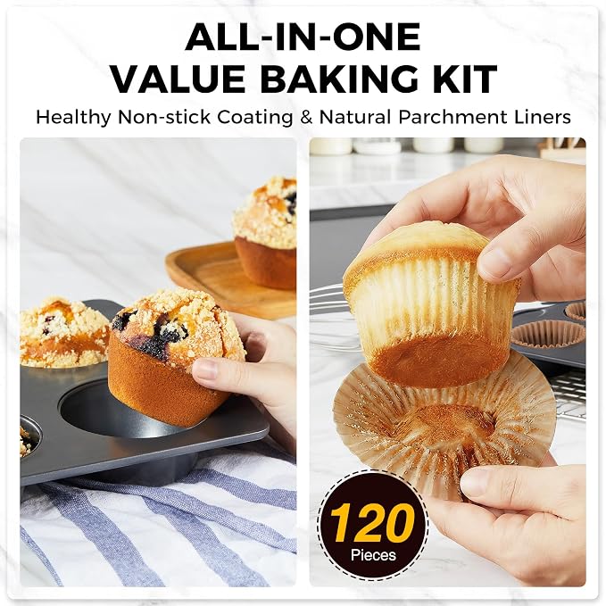 Nonstick Jumbo Muffin Pan, 2 Pack Large Cupcake Tin with 120pcs Muffin Liners, Cup Cake Tray for Baking, 3.5dia, 6 Cup, Premium, Extra Thick - Image 3