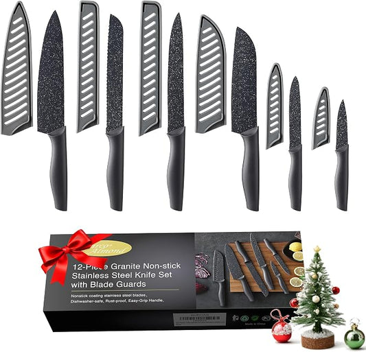 Marco Almond Kitchen Knife Set 12 PC Chef Knife Set Black | 6 Knives with 6 Blade Guards, Stainless Steel Knives Set for Kitchen, Anti-Rust,Ergonomic Handle,Full Tang,Gift Box by MarcoAlmond