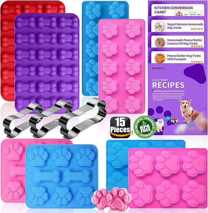Homemade Silicone Dog Treat Molds - Dog Treat Cookie Cutters - Dog Treat CRecipes, Food Grade Silicone Molds for Candy and Dog Ice Cubs - Set of 15, Purple