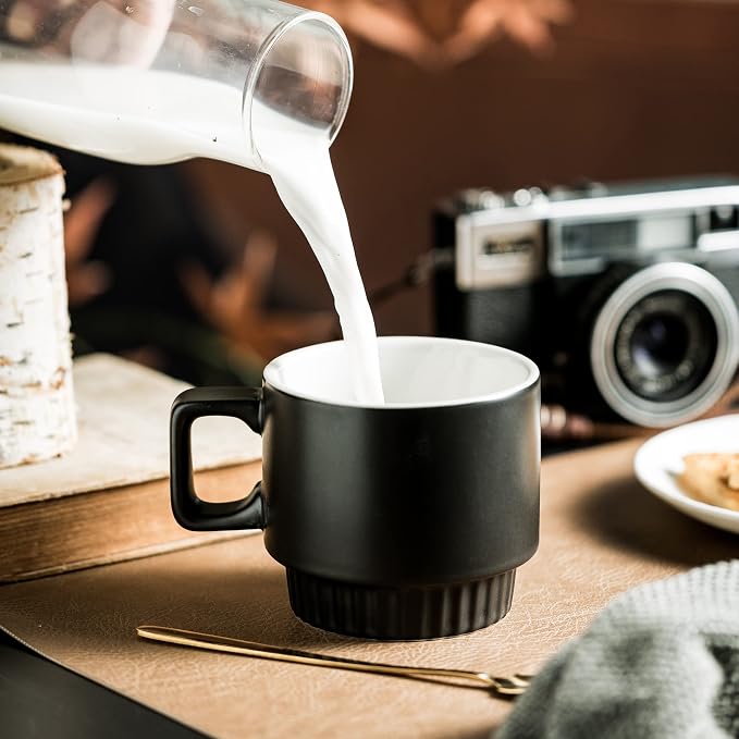 Miamolo Stackable Coffee Mugs with Stand Set of 4, Space-saving Storage | 11oz, Ceramic Latte Mugs | for Espresso Cappuccino Tea Hot Cocoa | Dishwasher & Microwave Safe | Housewarming Gift | Black - Image 8