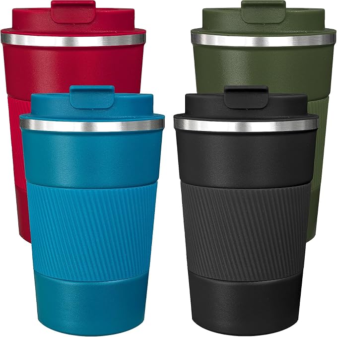 4 Pack Insulated Coffee Mug with Lid 12oz Travel Coffee Tumbler Stainless Steel Reusable Coffee Cups Thermal Coffee Mug for Hot and Iced Cold Drinks, Multicolor by Unknown