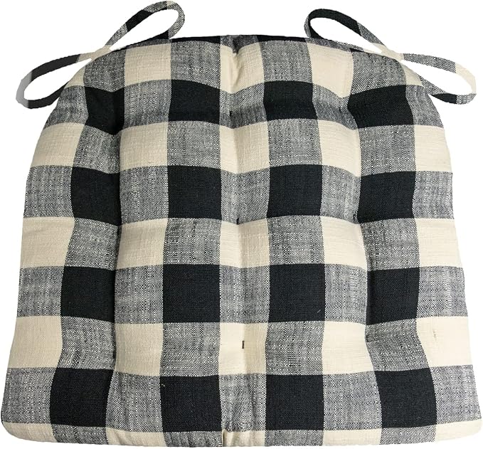Barnett Home Decor Dining Chair Pad with Ties - Buffalo Check Size Small 15 x 17 - Latex Foam Filled Cushion, Reversible, Made in USA (Black & White) by BarnettHomeDecor