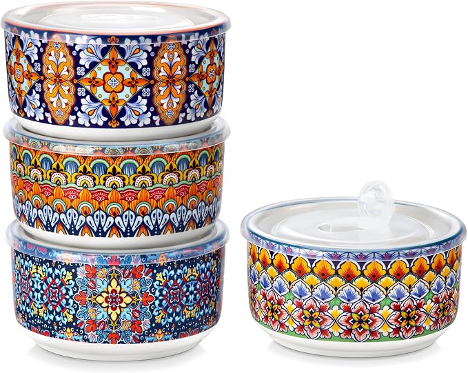 vancasso SIMI 36 oz Ceramic Bowls with Lids Set of 4,Bohemian Serving Bowl | 6 Inch Food Storage Containers Prep Bowls for Leftovers, Soup, Cereal, Meal Prep, Office Lunch, Microwave & Dishwasher Safe by vancasso