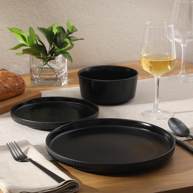 Gibson Home Dempsey Road 12-Piece Stoneware Dinnerware Set – Service for 4, Round Black Plates and Bowls, Durable Solid Color Modern Embossed Dish Set, Microwave & Dishwasher Safe - Image 2