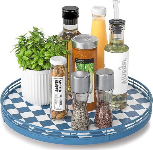 Blue and White Checkerboard Lazy Susan with Rubberwood Base and Metal Rail | Smooth rotating oak tray with walnut finish for dining tables, kitchen counters, pantries and cabinet storage. by AMH