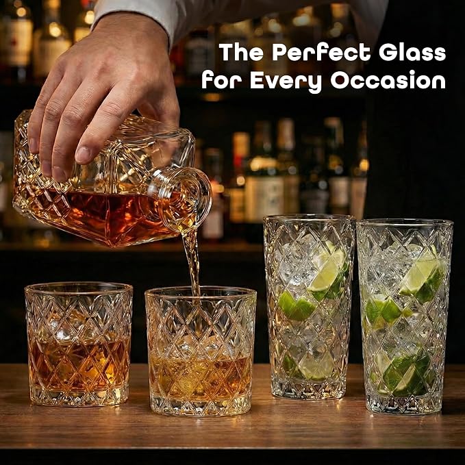 Diamond Cut Drinking Glass Set, Set of 8 Premium Textured Glassware with 4 Highball Glasses 17 oz and 4 Whiskey Glasses 10 oz Elegant Drinking Glasses - Image 6