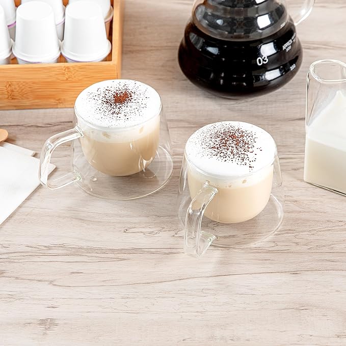 Restaurantware-Forma Professional 6.8 Ounce Double Wall Coffee Mugs, 2 Insulated Coffee Mugs With Handle - Dishwashable, Reusable, Clear Glass Beverage Cups, Freezable, For Hot Or Cold Beverages