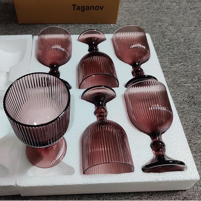 Taganov Purple Glasses Drinking Water Goblets set of 6 Colored Wine Glasses 13oz Pink Vintage Glassware for Wedding Party Bar Vertical Line Embossed Pattern Stemmed Cups 400ml - Image 7