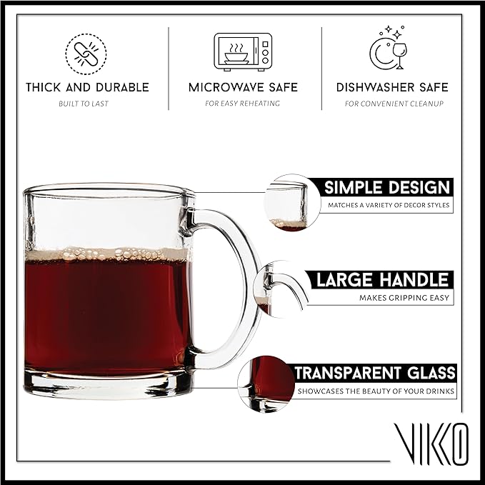 Vikko Glass Coffee Mug Set of 6, 10.75 Ounce Clear Mugs, Microwave and Dishwasher Safe