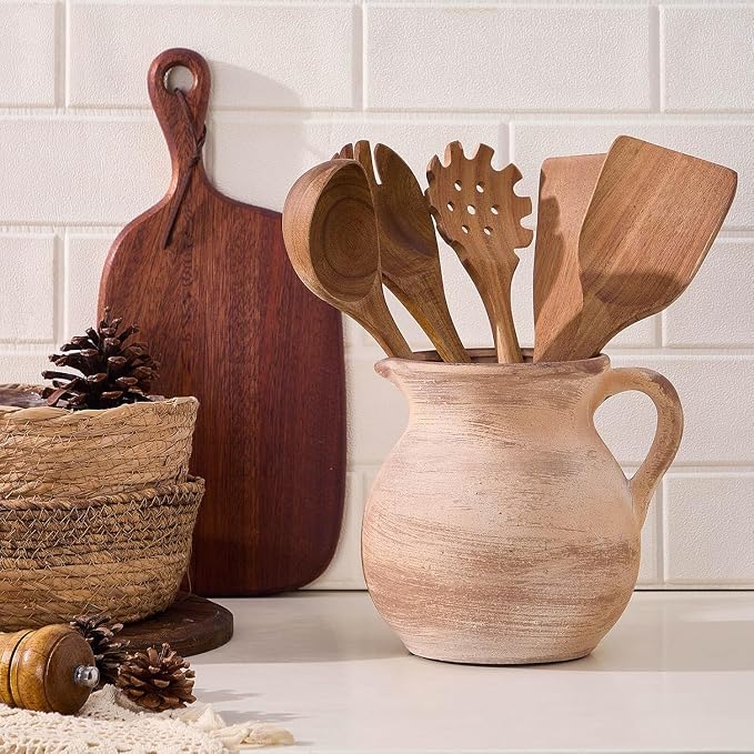 MIYUKI Rustic Kitchen Utensil Holder - 7.6 Inch Ceramic Utensil Crock for Countertop, Vintage Kitchen Counter Decor - Image 2