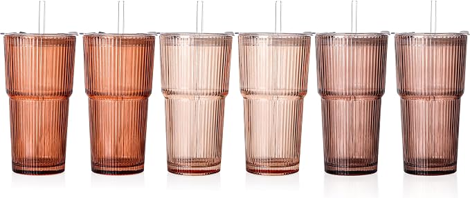 6PCS Venus Ribbed Glass Cups with Lids and Straws, 20oz Brown Vintage Drinking Glasses, Aesthetic Iced Coffee Cups, Glass Tumbler for Boba, Beer, Tea, Cocktails, Brown Ribbed Glassware Set (Venus-6) by SIPBYSOP
