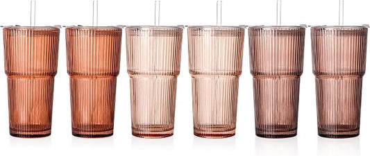 6PCS Venus Ribbed Glass Cups with Lids and Straws, 20oz Brown Vintage Drinking Glasses, Aesthetic Iced Coffee Cups, Glass Tumbler for Boba, Beer, Tea, Cocktails, Brown Ribbed Glassware Set (Venus-6) by SIPBYSOP