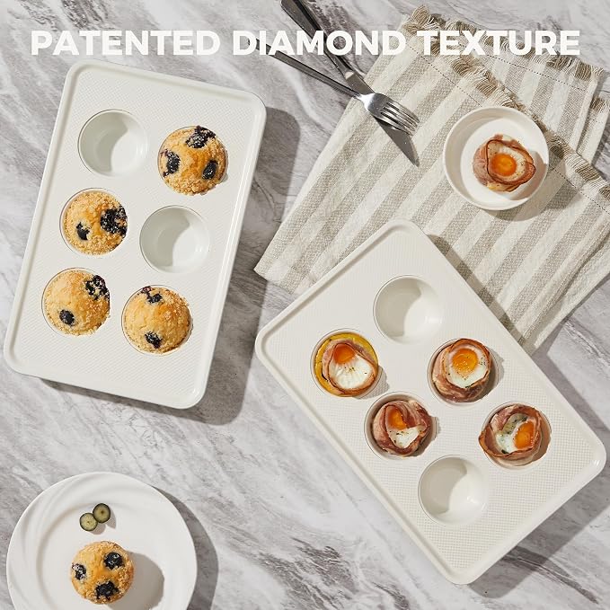 Nonstick Ceramic Muffin Pan, 6 Cup Muffin tin for Baking, Non-toxic Cupcake Pan, Heavy-duty Aluminized Steel Cupcake Tray with Diamond Texture, Easy To Clean, Cream - Image 2