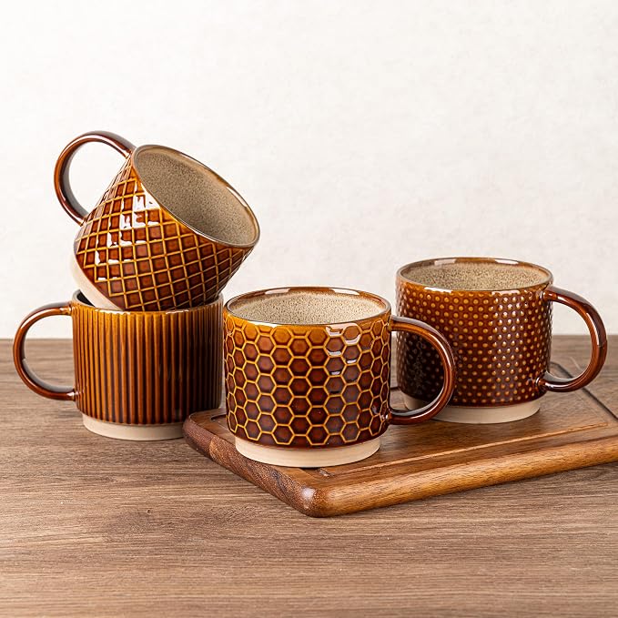 GBhome 15 OZ Stackable Coffee Mugs Set of 4, Ceramic Coffee Cups Set | 4 Assorted Designs, Embossed Mugs with Texture Patterns for Tea/Coffee, Dishwasher&Microwave Safe, Caramel by GBhome