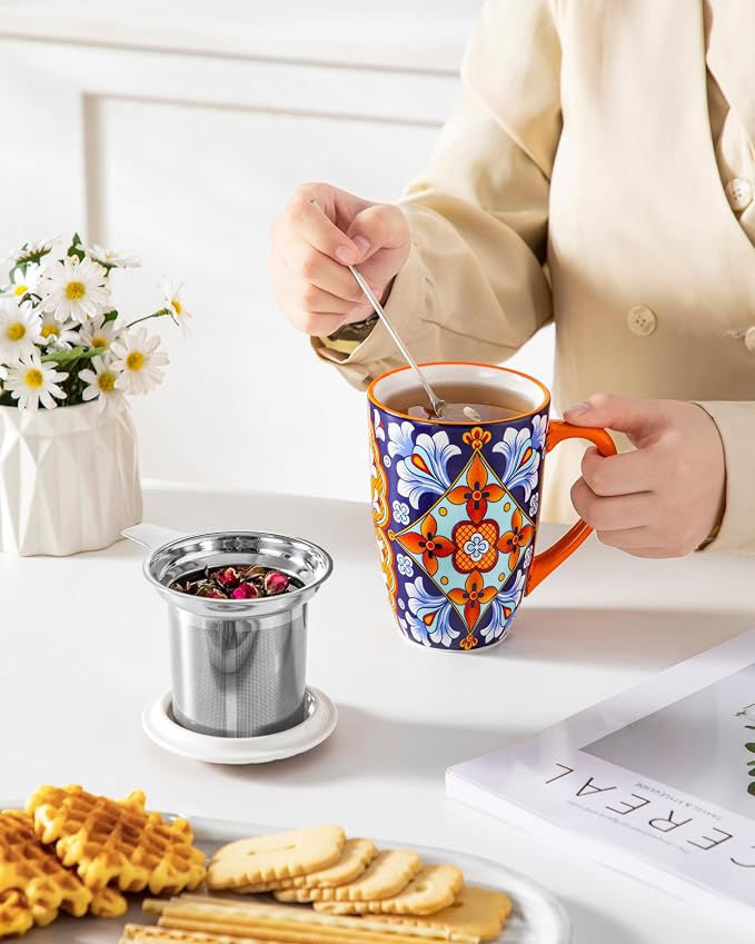 vancasso Ceramic Tea Mug with Infuser and Lid, 18 Ounce Bohemian Loose Leaf Cup, Microwave & Dishwasher Safe, Perfect for Tea, Coffee, Navy-Burnt Baroque - Image 7