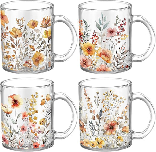 Tioncy 4 Pcs Fall Floral Coffee Mugs 12 oz Flower Glass Cups with Handle Thanksgiving Floral Coffee Cup Autumn Mug Sweet Fall Gifts Drinking Containers for Harvest Holiday Party (Wildflower) by Tioncy