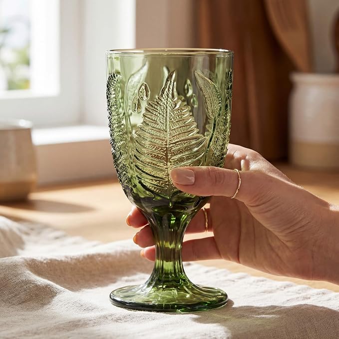 Green Glass Goblets Set of 4, Colored Wine Glasses, Vintage Fern Glassware | Hand-Pressed, Dishwasher Safe, Boho Leaf-Textured Drinkware, Embossed Stemware for Water, Cocktails, Retro Style Kitchen Gift - Image 3