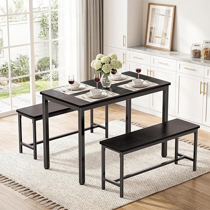 Dining Table Set for 4, Kitchen Table with 2 Benchs, Black | Modern Functional 3 Piece Space-Saving Dining Room Table Set for Apartment, Breakfast Nook, Small Space - Image 7