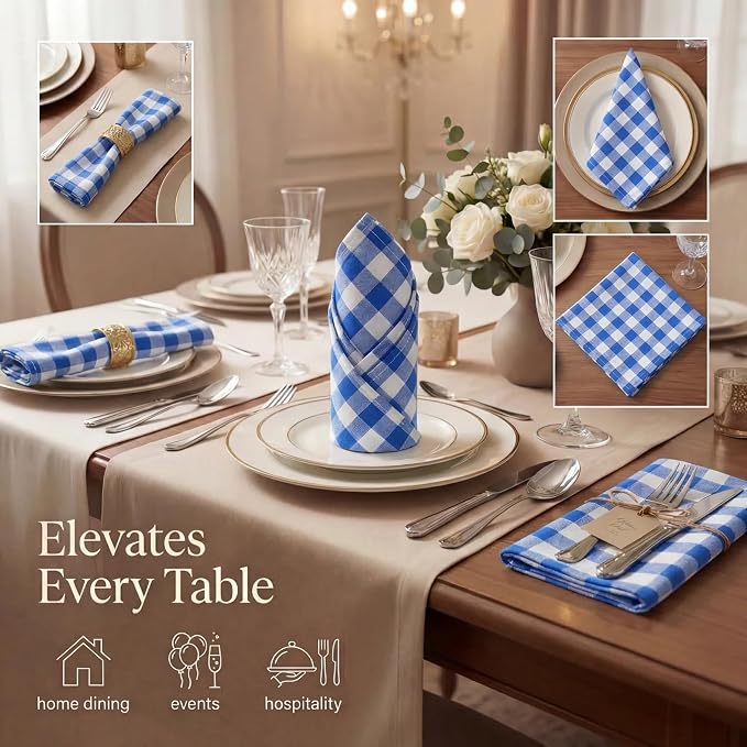 Urban Villa Cloth Napkins Cotton 20x20 (Set of 12) Blue Cheks - Image 2