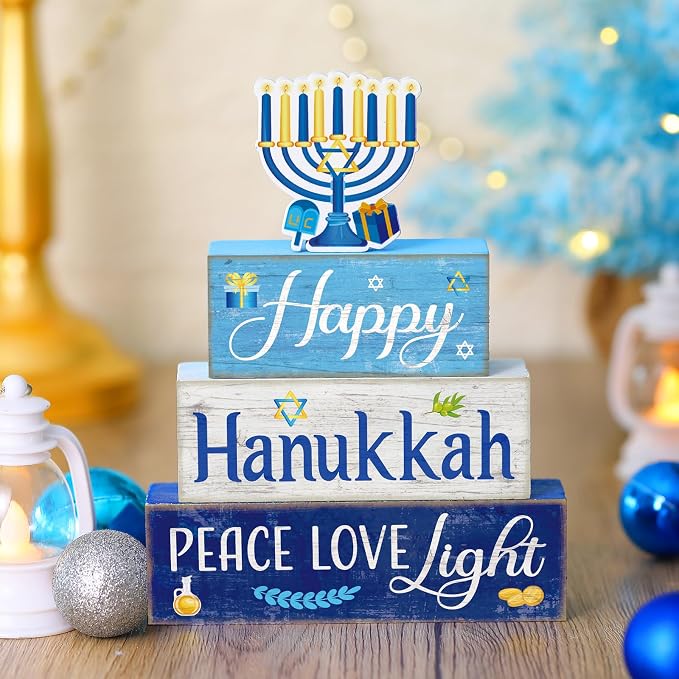 Moucuny 4 Pcs Hanukkah Decorations for Home Chanukah Table Decor Wooden Menorah Decoration Hanukkah Centerpiece Rustic Decorative Menorah Block Signs Gift Farmhouse Jewish New Year Decoration for Home - Image 5