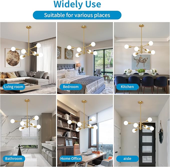 Sputnik Chandeliers Moderna Light Fixture, 6 Lights Gold Mid Century Ceiling Chandelier, Height Adjustable for Living Room, Kitchen, Dining Room, Bedroom,Foyer - Image 6