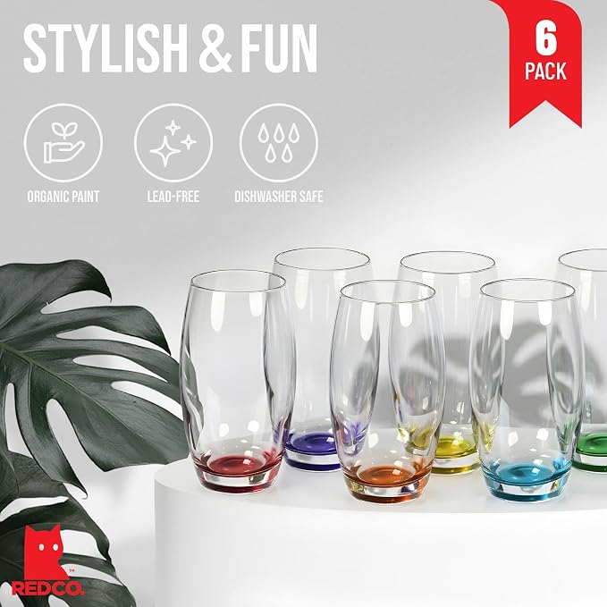 Red Co. Large 16 oz Multicolored Drinking Glass Set of 6 for Water, Beverage, Cocktail, Mixed Drinks - Image 2