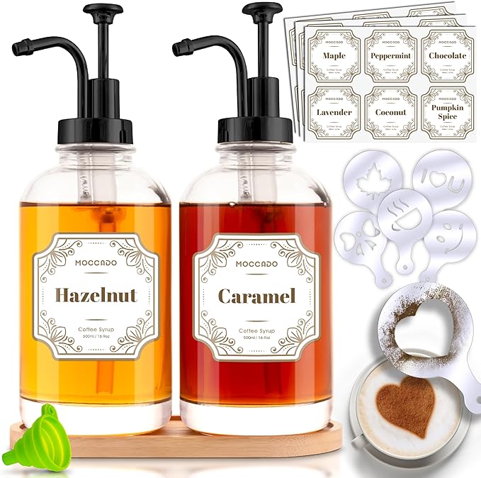 Glass Coffee Syrup Dispenser for Coffee Bar - Set of 2 Black 500 ml / 16.9 oz Glass Syrup Bottles, Includes Bamboo Tray, 16 Stencils, Labels, Coffee Bar Accessories