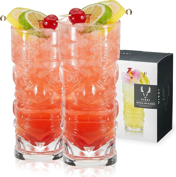 Viski Pacific Tropical Tiki Glasses Set of 2 - Premium Crystal Clear Glass Tumbler, Stylish Tiki Glassware Bar Accessories and Cocktail Glass Gift Set, 14 oz by VISKI
