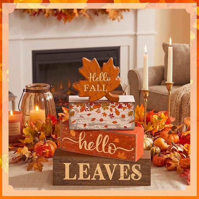Moucuny 4 Pcs Fall Decor Wooden Maple Leaf Decoration Thanksgiving Tiered Tray Decor Rustic Wooden Maple Leaf Block Sign Thanksgiving Table Centerpiece Farmhouse for Autumn Harvest Party Kitchen Home - Image 5