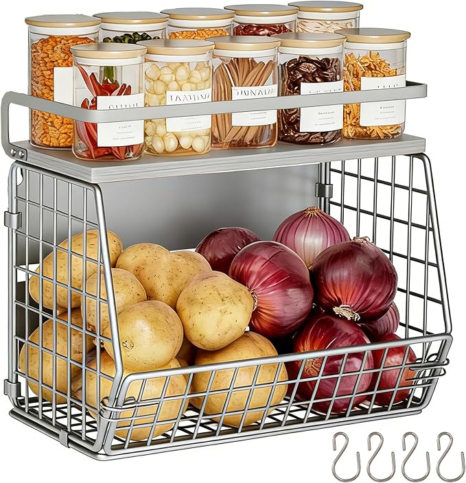 Wire Fruit Basket 2 IN 1 Magnetic & Hanging Wall Produce Basket with Spice Rack for Potato Onion Vegetable Storage for Pantry,Kitchen Countertop and Fridge Organizer by Clothink