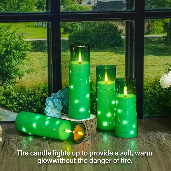 Flameless Candles,with Embedded Star String, Battery Operated Candles Flickering LED Pillar Candles with Remote Control and Timer, Home Decoration Add a Warm and Romantic Atmosphere，Set of 7 (Green) - Image 5