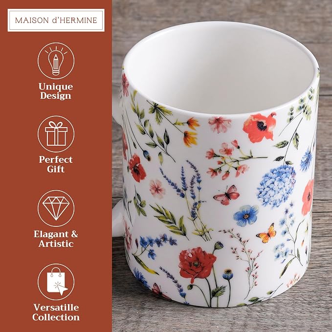 Maison d' Hermine Coffee Mug with Handles Tea Cups (15 Ounce, Pack of 1) | Fine Bone China Coffee Mugs for Hot Beverages Cappuccino Latte Home Restaurant Spring Summer -Just Floral - Blues 'N Redz - Image 2