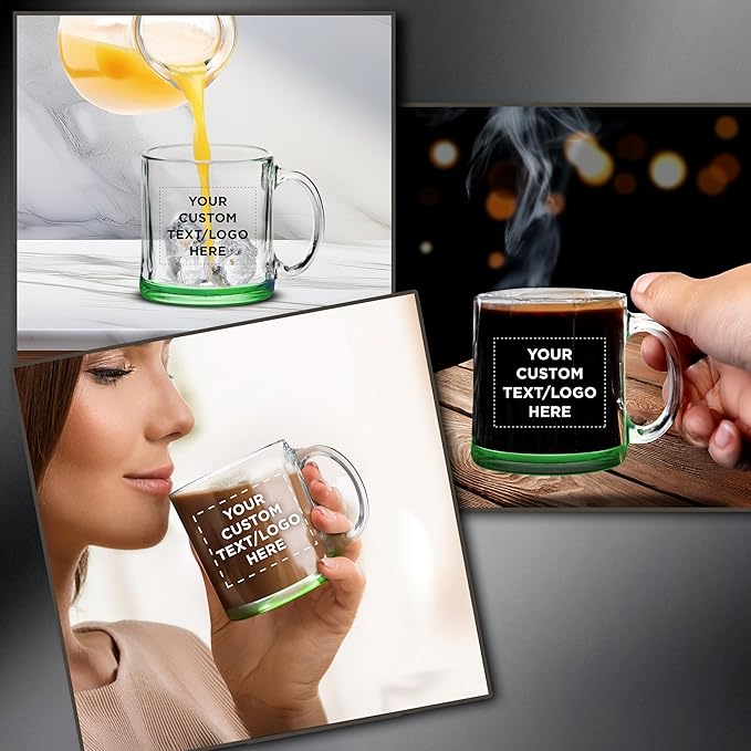 Custom Libbey Clear Glass Coffee Mugs 13 oz. Set of 10, Personalized Bulk Pack - Perfect for Coffee, Tea, Espresso, Hot Cocoa, Other Beverages - Green Bottom