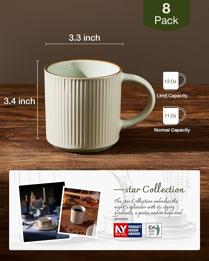 famiware Star Coffee Mug Set for 8, Handcrafted 12 oz Ceramic Stoneware Mugs Cup Set, Chip-Resistant & Stackable, Dishwasher/Microwave Safe, Light Green - Image 4