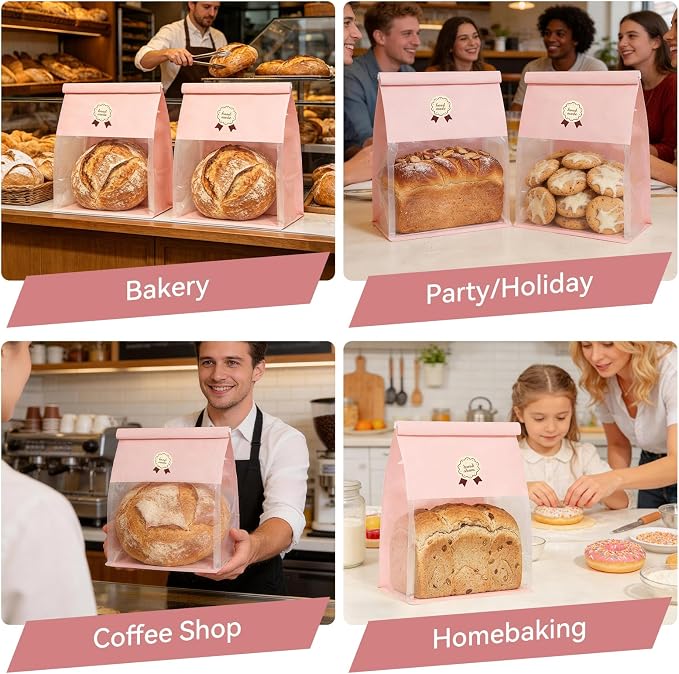 Funcoo 50 Paper Bread Bags with Tabs for Homemade Sourdough Bread, 8.7x4.3x11 Inches Pink Bakery Bread Bags with Window/Tin Tie Tab Lock, Large Bakery Loaf Bag for Baked Goods Packaging - Image 7