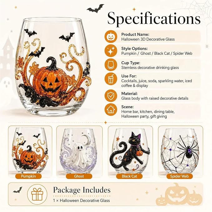 3D Halloween Artisan Glassware Collection, Premium Handleless Glass with Ghost, Pumpkin, Spider & Black Cat Gothic Style Artistic Glass Wine Goblet Designs, for Party & Cozy Fall Home Bar (#A) - Image 7