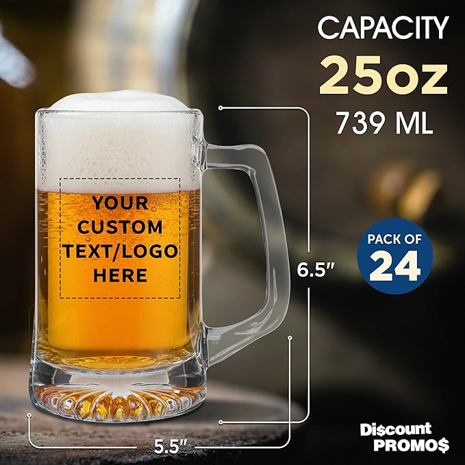 DISCOUNT PROMOS Custom ARC Glass Beer Mugs 25 oz. Set of 24, Personalized Bulk Pack - Great for Octoberfest, Pub, Restaurant - Clear