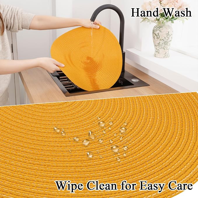 SHACOS 15 inch Round Braided Placemats Set of 6 Non Slip Washable Kitchen Table Place Mats Cotton Polyester Heat Resistant Table Mats for Home Wedding Dinner Party Table Decor, Mustard Yellow - Image 8