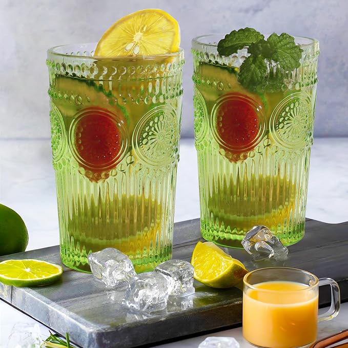 Loivttvv 6pcs Vintage Drinking Glasses Set, 12 oz Green Highball Glasses, Embossed Ribbed Glassware Cups for Cocktail, Water, Juice, Coffee, Whiskey - Image 6