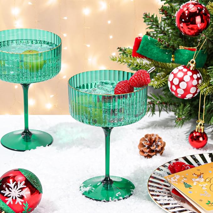 12 PCS Plastic Martini Glasses 10 oz Detachable Gold Rim Green Ribbed Coupe Glasses Vintage Christmas Martini Cocktail Glass for Bar,Margarita,Gin,Tequila, Desserts and Snacks - Image 4