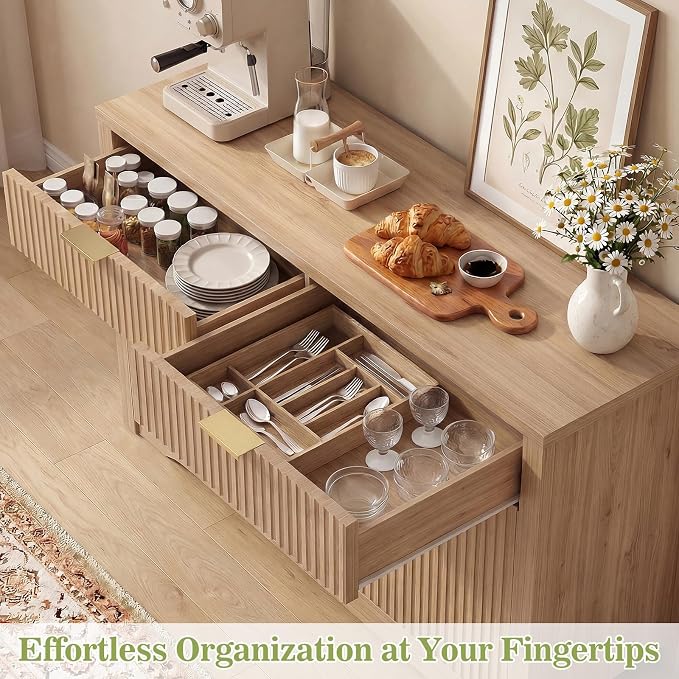 Cyclysio 55" Fluted Buffet Cabinet with Drawers, Modern Sideboard Credenza with Adjustable Shelves, Coffee Bar Table with Storage for Dining Room, Entryway, Kitchen, Natural Oak - Image 8