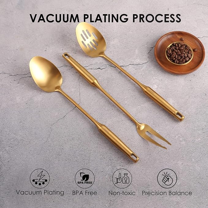 Gold Kitchen Utensils Set - 15" All Metal Cooking Tools Set of 9 | 18/10 Stainless Steel Cooking Utensils - Fork, Solid/Slotted Spoon, Spatula, Ladle, Skimmer, Turner, Pasta Spoon, Large Spoon - Image 5