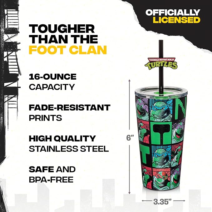 Dragon Glassware x Teenage Mutant Ninja Turtles Insulated Tumbler, 16 oz | Vacuum Insulated Stainless Steel Tumbler with Straw & Lid; Double Walled TMNT Tumbler with Straw Topper; Ninja Turtle Cup - Image 3
