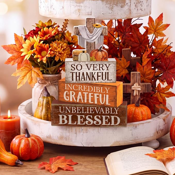 Moucuny 4 Pcs Fall Table Decoration for Home Religious Cross Stacked Signs | 4 Pcs Rustic Wood Stacked Sign with Cross and Harvest Elements. Great Thanksgiving Tabletop Decor for Home, Church, or Office - Image 3