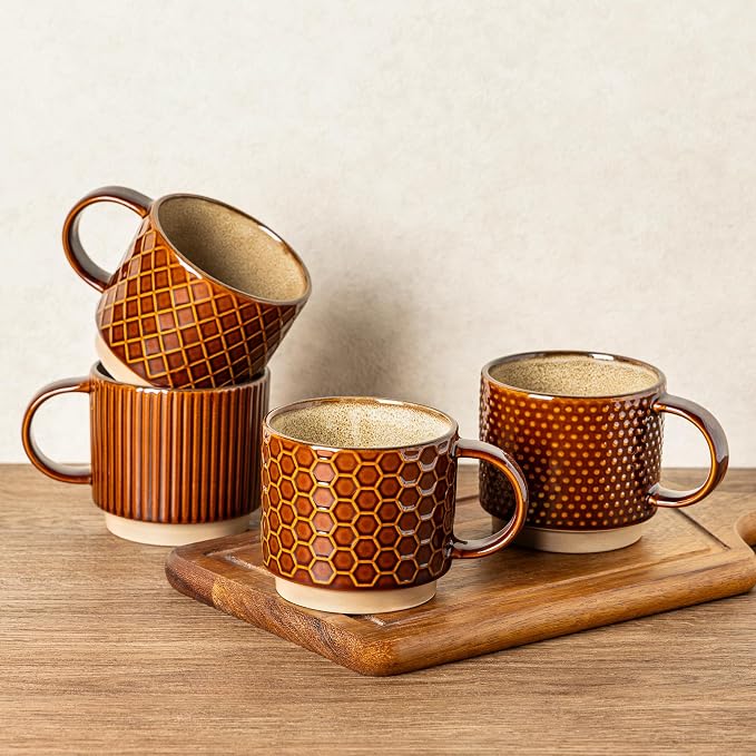 GBhome 12 OZ Stackable Coffee Mugs Set of 4, Ceramic Coffee Cups Set | 4 Assorted Designs, Embossed Mugs with Texture Patterns for Tea/Coffee, Dishwasher&Microwave Safe, Caramel by GBhome