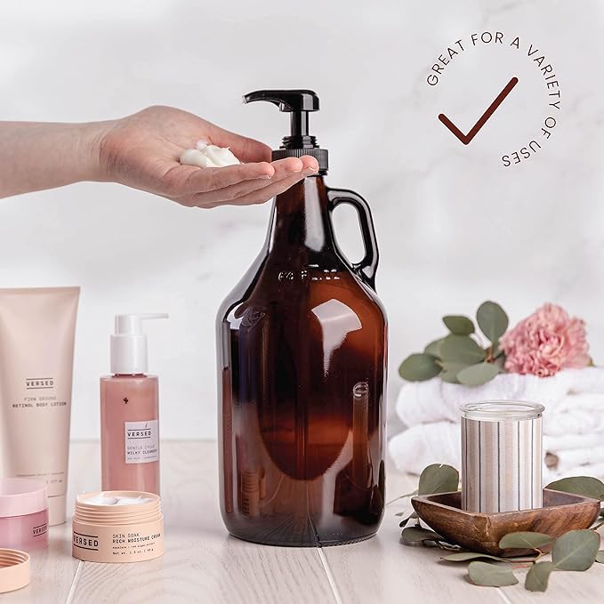Large Amber Pump Bottle for Salons, Shampoo, Conditioner, Hair Serum, Gel - Half Gallon Glass Jug Pump Dispenser - 64 oz Capacity - Pack of 1- by Kitchentoolz