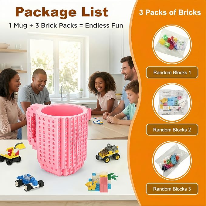 Lumsburry Build-on Brick Coffee Mug, Funny DIY Unique Novelty Drinking Cup | Building Blocks Creative Mug, for Men Women Kids Dad Mom, Present Exchange Ideas, Xmas Birthday White Elephant(Pink) - Image 4