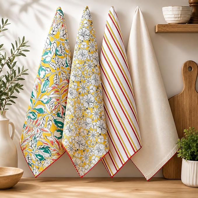 TARAN LIVING Printed Cotton Kitchen Towels – Set of 4 Soft & Absorbent Dish Towels with Hanging Loops (18x28 in) - Image 2