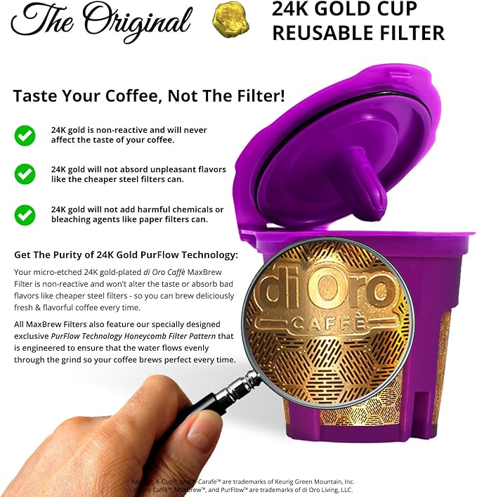 DI ORO MaxBrew Keurig Reusable K Cup Coffee Filter – For Keurig 1.0 and 2.0 Coffee Brewers - 24K Gold Small Refillable Coffee Filter - Fits K200, K300/K350/K360, K450/K460, K500/K550/K560 (Purple)