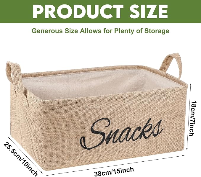 17 Pcs Snack Basket Sets, Snack Storage Bin for Pantry Shelves with 16 Pcs 2 Inch Chip Clips, Basket Organizer for Kitchen Home, Chips, Popcorn, Candy, Pretzels(Burlap,Khaki) - Image 4